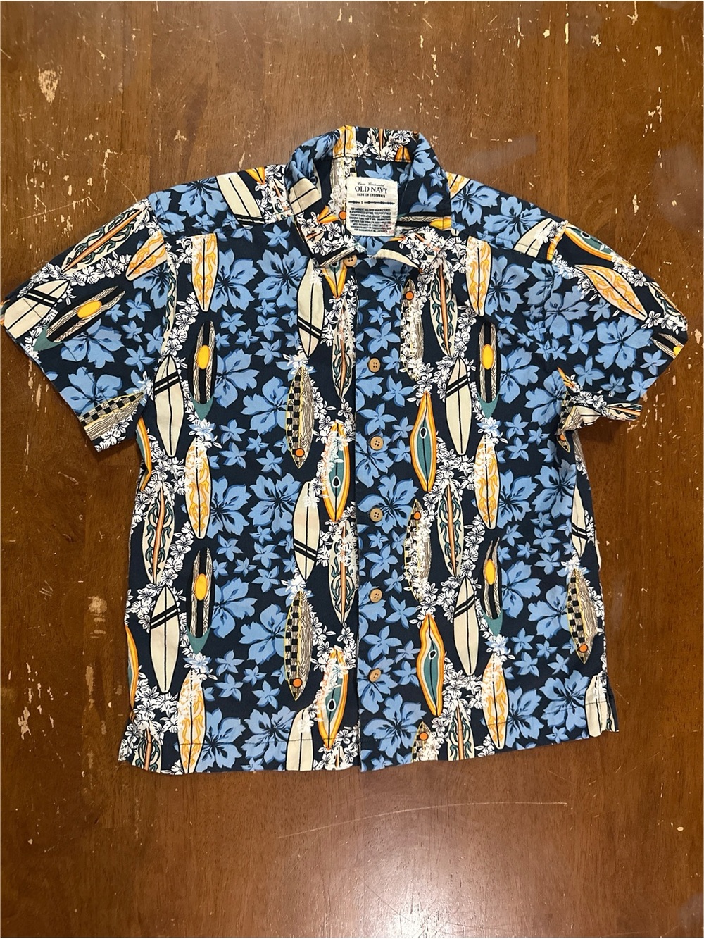 Old Navy Y2K Navy Blue Cotton Surfboard & Floral Camp Shirt Size Small